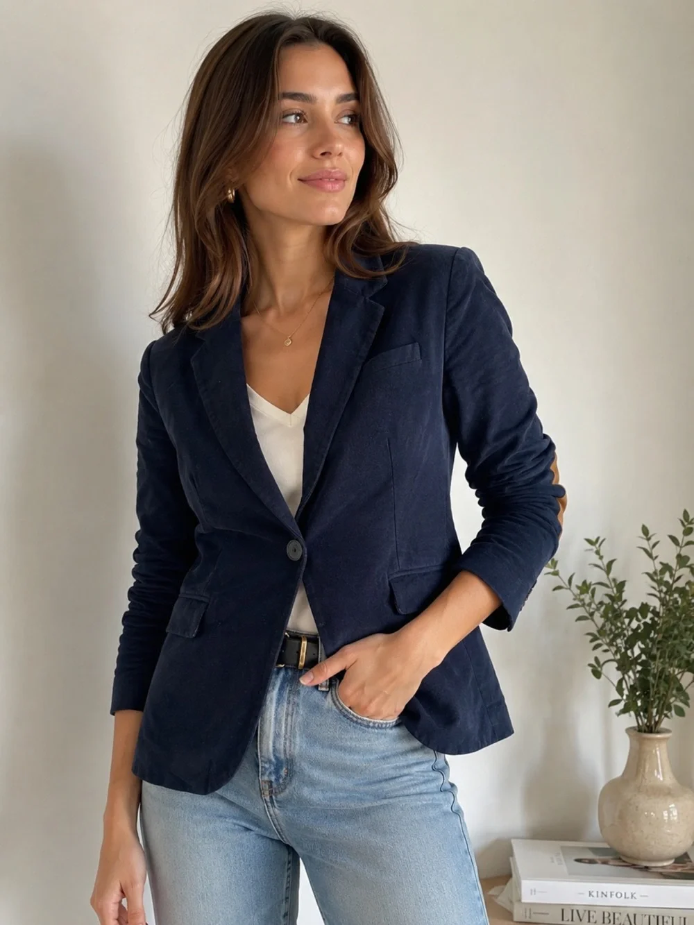 Zara Navy Blue Suede Elbow Patch Equestrian Blazer Small